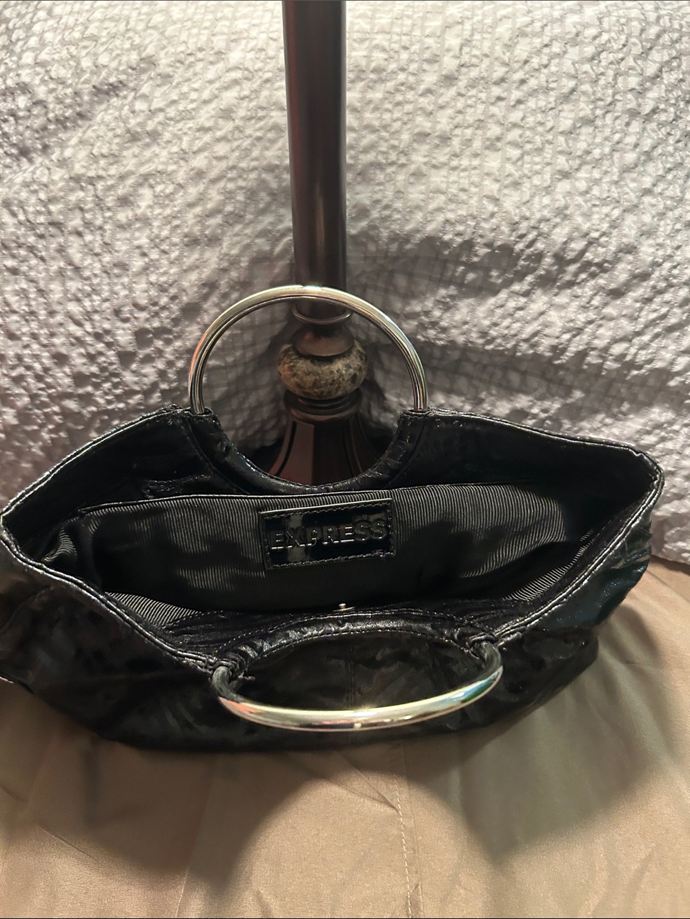 Express Black Patent Circle Handle Wristlet Clutch